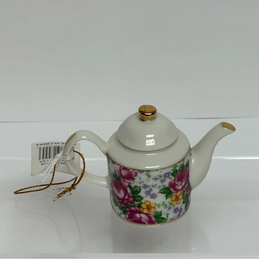 Mini Tea Pot 3” Decorative Floral Design Gold Trim Cottage Core